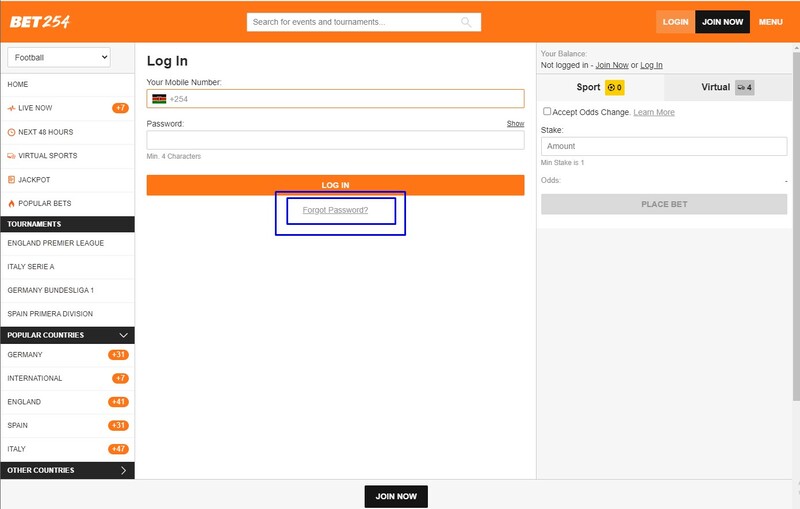 bet254 resest password